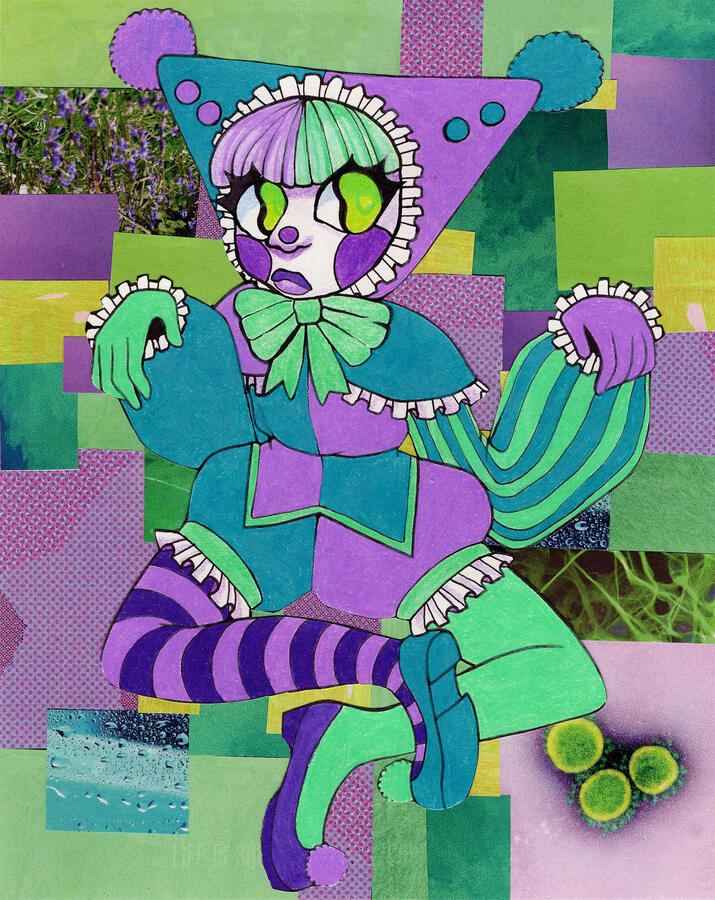 Clown 11 (2023) Color pencil, ink, collage on paper