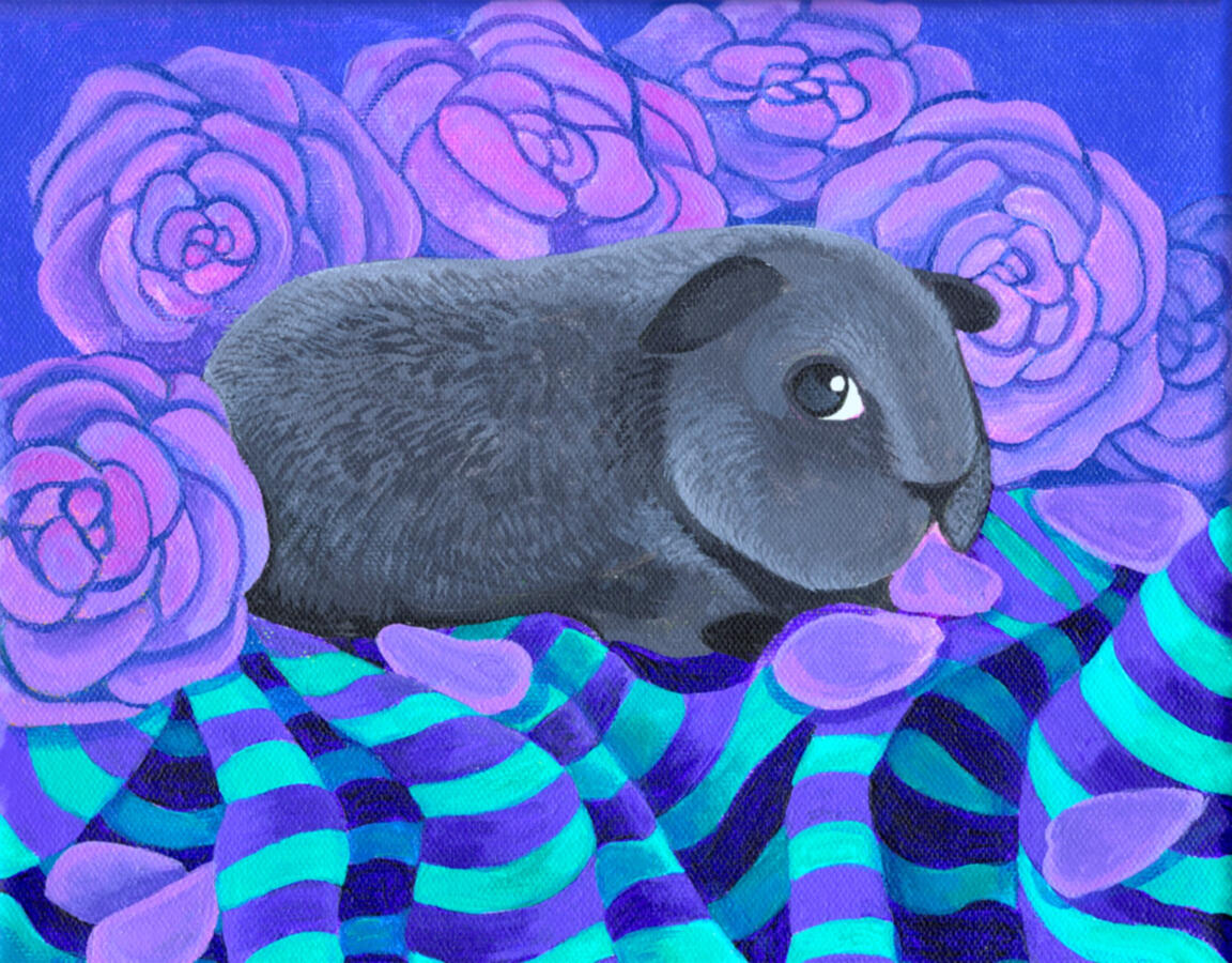 Guinea Pig &amp; Roses (2022) Acrylic on canvas