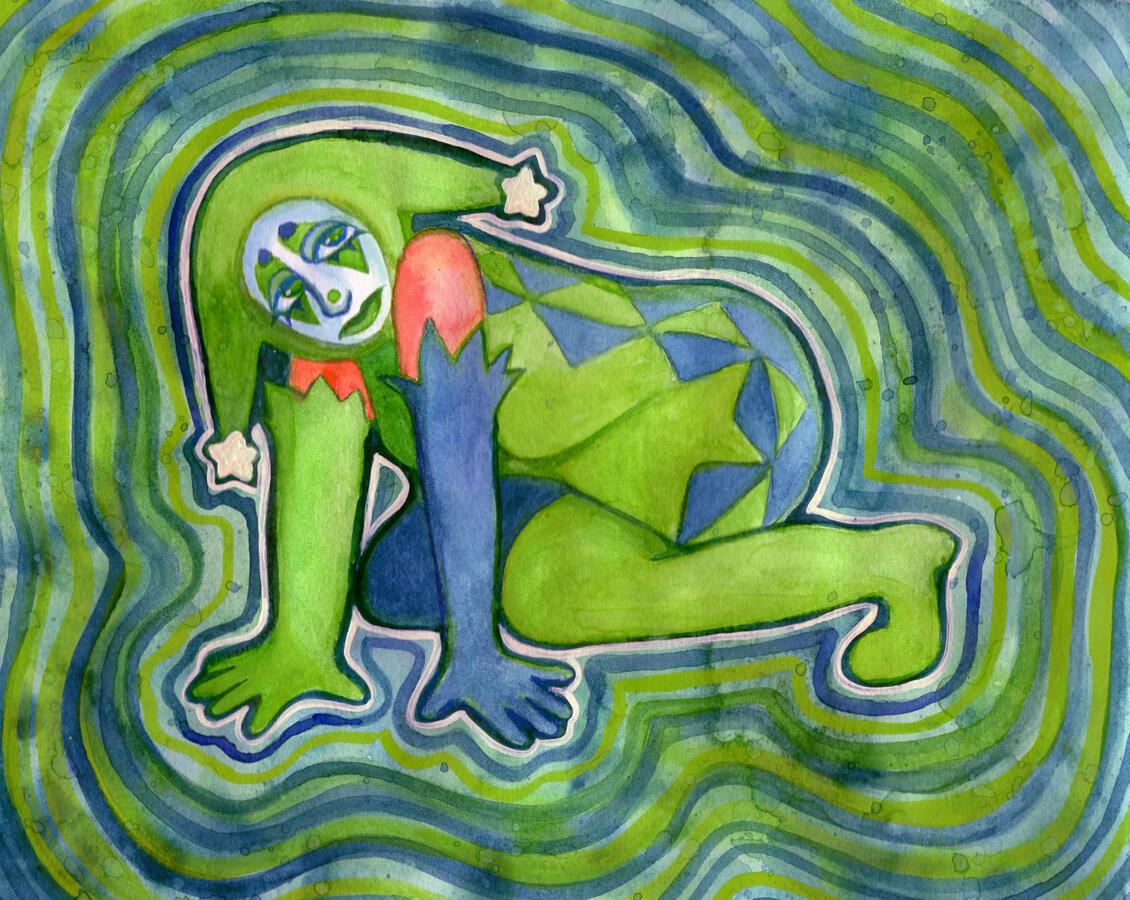 Clown 13 (2024) Watercolor, gouache, color pencil & acrylic on paper