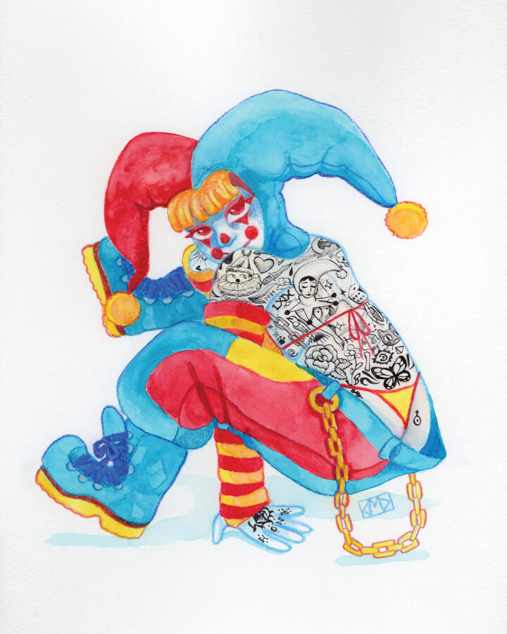 Clown 1 (2023) Watercolor, ink &amp; color pencil
