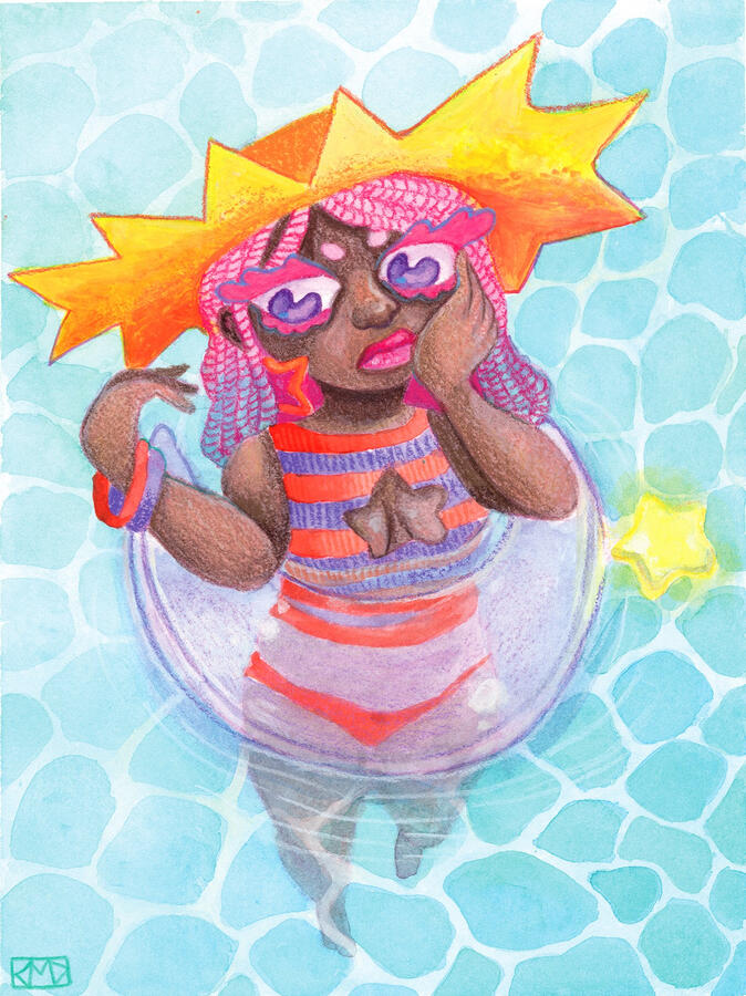 Phoebe Poolside (2023) Color pencil & watercolor